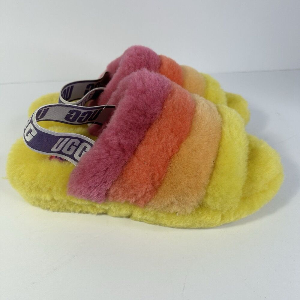 UGG Fluff Yeah Pride Slide Yellow Rainbow Sheepskin Sandal Women's Size 8